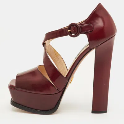 Pre-owned Prada Size 40 Burgundy Patent Leather Platform Ankle Strap Sandals