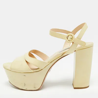 Pre-owned Prada Size 40 Cream Patent Leather Platform Block Heel Ankle Strap Sandals In White