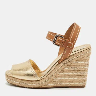 Pre-owned Prada Size 40 Gold/brown Leather Espadrille Wedge Sandals