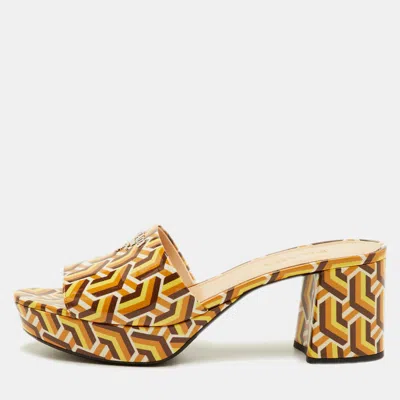 Pre-owned Prada Size 40 Multicolor Pattern Patent Leather Platform Block Heel Slide Sandals