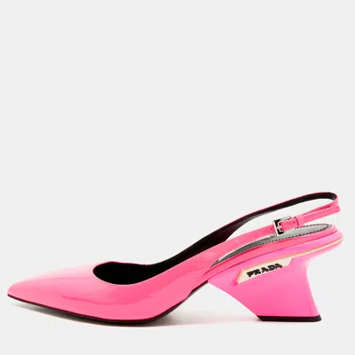 Pre-owned Prada Size 40 Pink Patent Leather Logo Pointed Toe Wedge Slingback Pumps