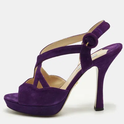 Pre-owned Prada Size 40 Purple Suede Platform Ankle Strap Sandals