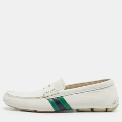 Pre-owned Prada Size 40 White Leather Driver Loafers