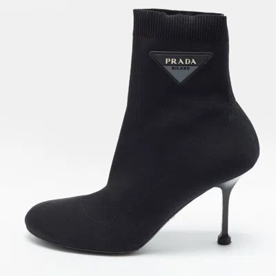 Pre-owned Prada Size 40.5 Black Knit Fabric Logo Sock Ankle Length Boots