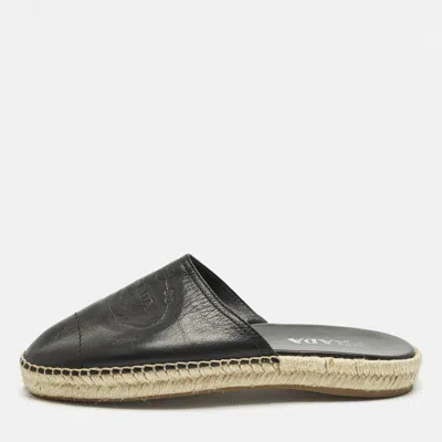 Pre-owned Prada Size 40.5 Black Leather Espadrille Mules