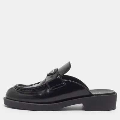 Pre-owned Prada Size 40.5 Black Leather Logo-plaque Mules