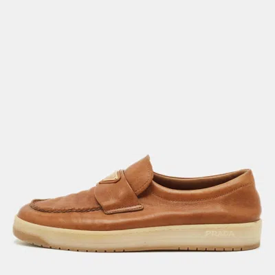 Pre-owned Prada Size 40.5 Brown Leather Logo Slip On Sneakers