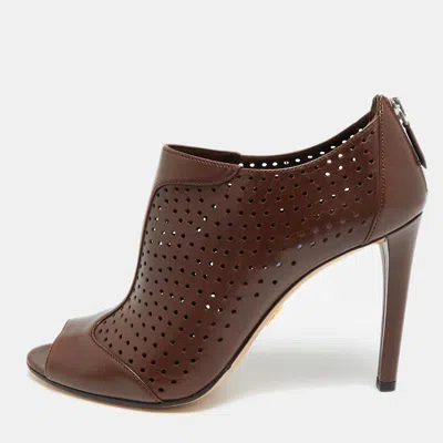 Pre-owned Prada Size 40.5 Brown Perforated Leather Ankle Length Booties