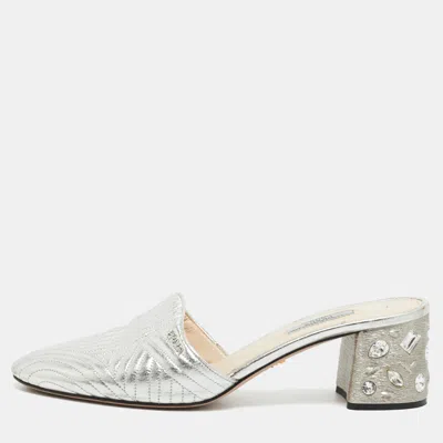 Pre-owned Prada Size 40.5 Silver Leather Crystal Embellished Block Heel Mules