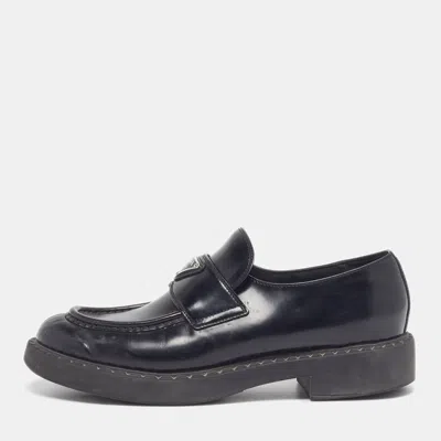 Pre-owned Prada Size 41 Black Brushed Leather Slip On Loafers