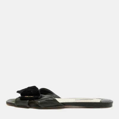 Pre-owned Prada Size 41 Black Leather And Velvet Bow Flat Slide