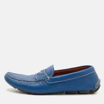 Pre-owned Prada Size 41 Blue Leather Logo Slip On Loafers