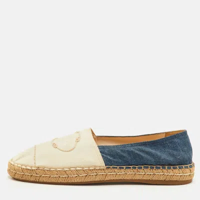Pre-owned Prada Size 41 Blue/cream Denim And Canvas Logo Embroidered Espadrille Flats
