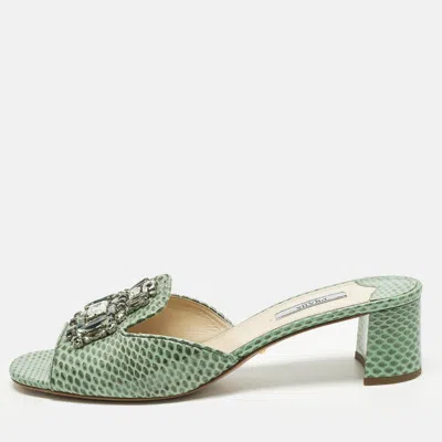 Pre-owned Prada Size 41 Green Snakeskin Leather Crystal Embellished Slide Sandals