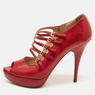 Pre-owned Prada Size 41 Red Leather Platform Strappy Pumps