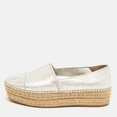 Pre-owned Prada Size 41 Silver Leather Platform Espadrille Flats