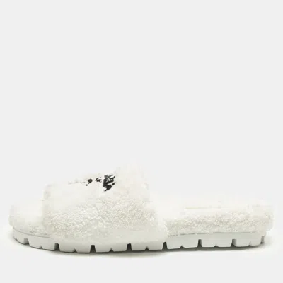 Pre-owned Prada Size 41 White Terry Fabric Flat Sandals