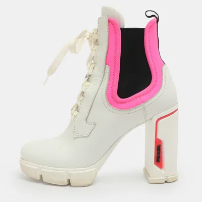 Pre-owned Prada Size 41 White/pink Leather Neoprene Ankle Length Boots