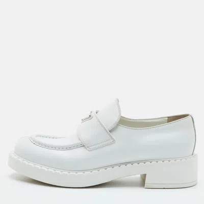 Pre-owned Prada Size 41.5 White Brushed Leather Platform Slip On Loafers