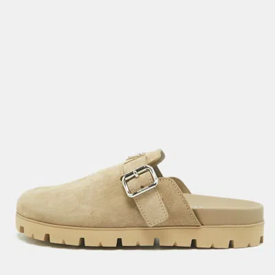 Pre-owned Prada Size 42 Beige Suede Triangle Logo Flat Mules In Sand