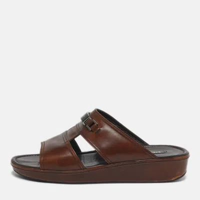 Pre-owned Prada Size 42 Brown Leather Double Strap Flat Sandals