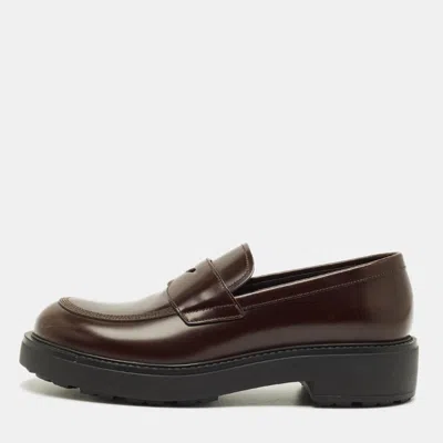 Pre-owned Prada Size 42 Dark Brown Leather Penny Loafers