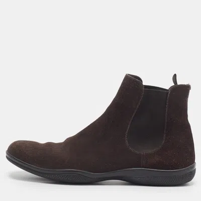 Pre-owned Prada Size 42 Dark Brown Suede Slip On Chelsea Boots
