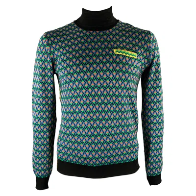 Pre-owned Prada Size 42 Green Multi-color Geometric Wool Poly Silk Cotton Sweater