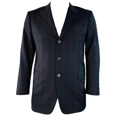 Pre-owned Prada Size 42 Navy Charcoal Plaid Wool Single Breasted Notch Lapel Sport Coat In Blue
