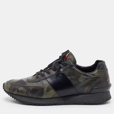 Pre-owned Prada Size 42.5 Green/black Camouflage Print Leather Low Top Sneakers