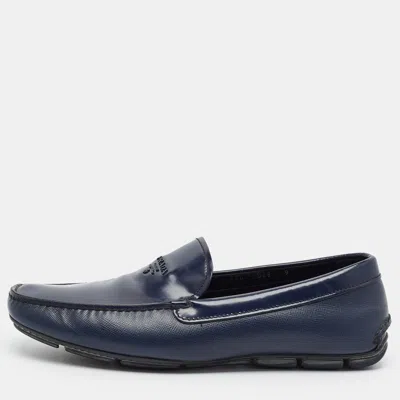 Pre-owned Prada Size 43 Blue Leather Triangle Logo Loafers