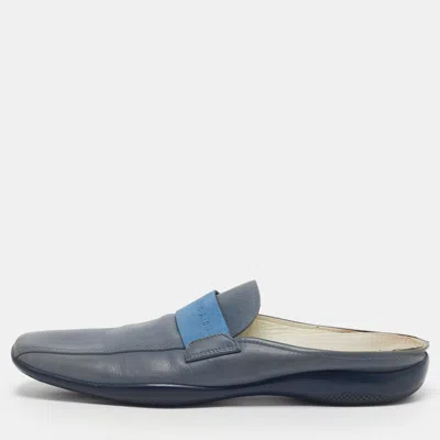 Pre-owned Prada Size 45 Blue Leather Logo Ribbon Flat Loafer Mules