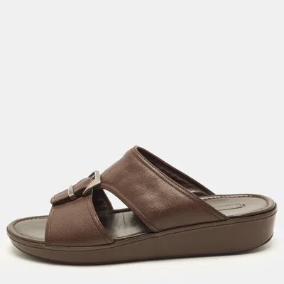 Pre-owned Prada Size 45 Brown Saffiano Leather Buckle Slide Sandals