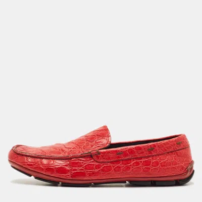 Pre-owned Prada Size 45 Red Crocodile Leather Slip On Loafers