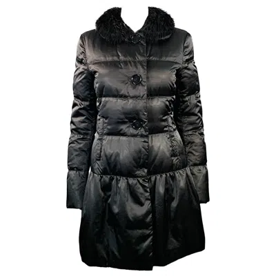 Pre-owned Prada Size 6 Black Polyamide Quilted Fur Collar Button Down Coat