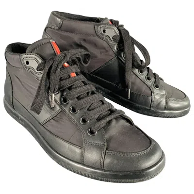 Pre-owned Prada Size 7 Black Mixed Fabrics Nylon Leather Lace-up Sneakers