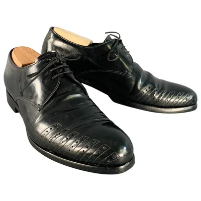 Pre-owned Prada Size 7 Black Perforated Leather Derby Lace-up Shoes