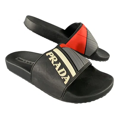 Pre-owned Prada Size 8 Black & White Logo Rubber Slide Sandals