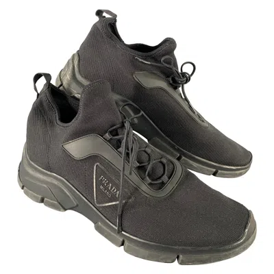 Pre-owned Prada Size 9 Black Logo Nylon Lace Sneakers