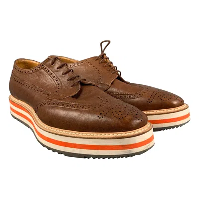 Pre-owned Prada Size 9.5 Brown Perforated Leather Platform Lace-up Shoes