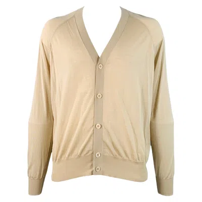 Pre-owned Prada Size L Beige Virgin Wool Sheer Knit V-neck Cardigan In Brown