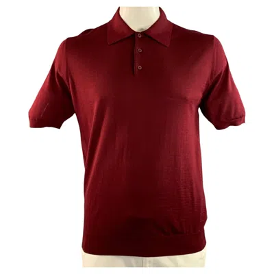 Pre-owned Prada Size L Burgundy Knitted Wool Buttoned Polo In Red