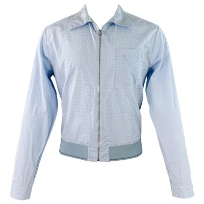Pre-owned Prada Size M Blue Silver Studded Cotton Zip Up Long Sleeve Shirt