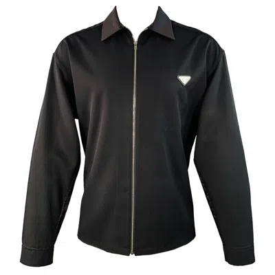 Pre-owned Prada Size S Black Virgin Wool Twill Contrast Collar Zip Up Shirt Jacket