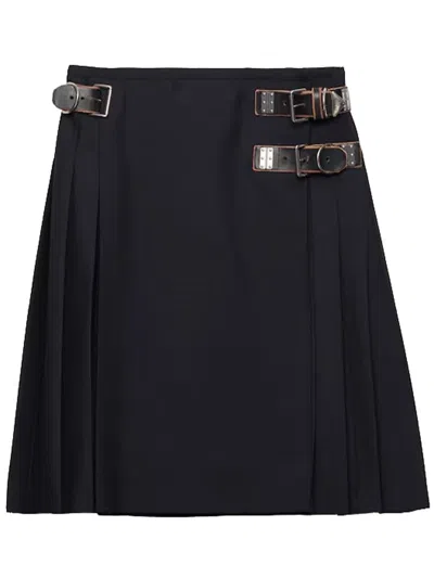 Prada Womens Blue Pleated Buckle-detail Mohair Wool-blend Midi Skirt