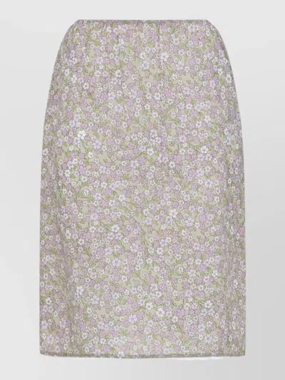 Prada Skirt Elastic Waistband Floral Pattern Lace Trim In Multi