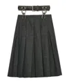 Prada Suspended Leather Belt Pleated Wool Skirt In Limestone Ash