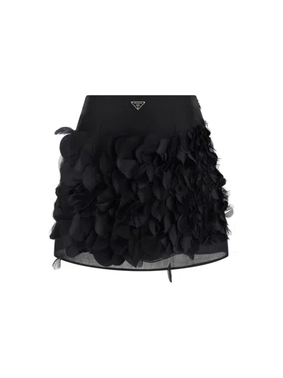 Prada Enamel Triangle-logo Silk Skirt In Black
