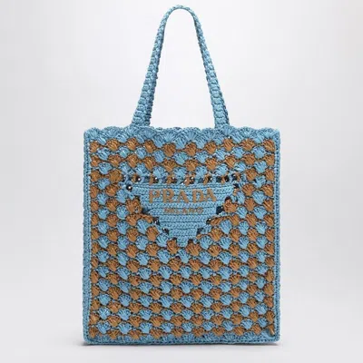 PRADA PRADA  SKY BLUE/CARAMEL CROCHET TOTE BAG WITH LOGO