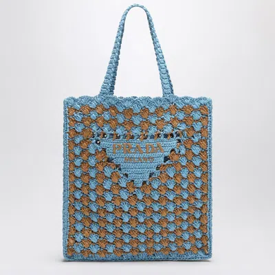 Prada Sky Blue/caramel Crochet Tote Bag With Logo In Multi